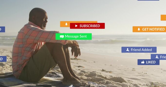 Man sitting shore, subscribe UI appearing, sending social badges sliding over him and driving subs