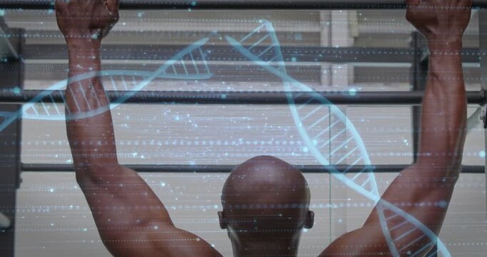 Man gripping pull-up bar and performing pull-ups in gym with DNA helix tracing muscles for fitness