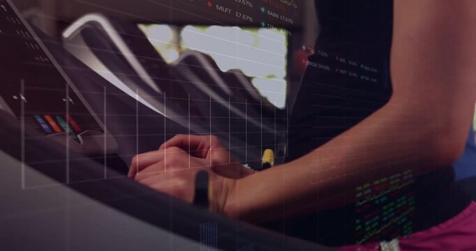 Woman in black tank pressing console and showing fitness overlays while jogging for pace tracking