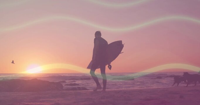 Man carrying board walking to surf at sunset, dogs running past pausing him, overlay showing leash