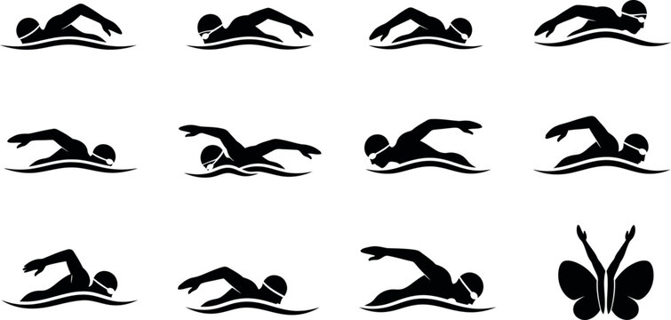A series of black silhouettes depicting various swimming strokes and a butterfly symbol