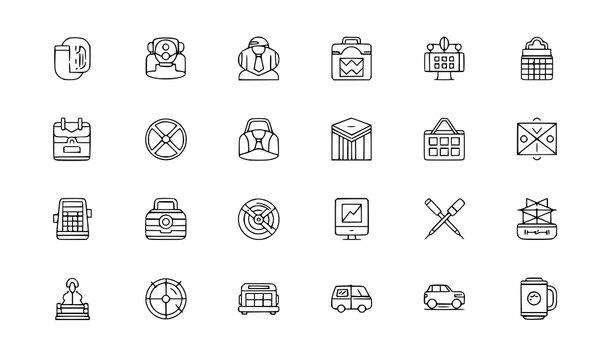 Collection of 20 line icons related to business travel and office work