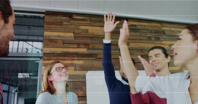 Team reaching high-five in business moving into clapping celebrating with overlays crossing hands