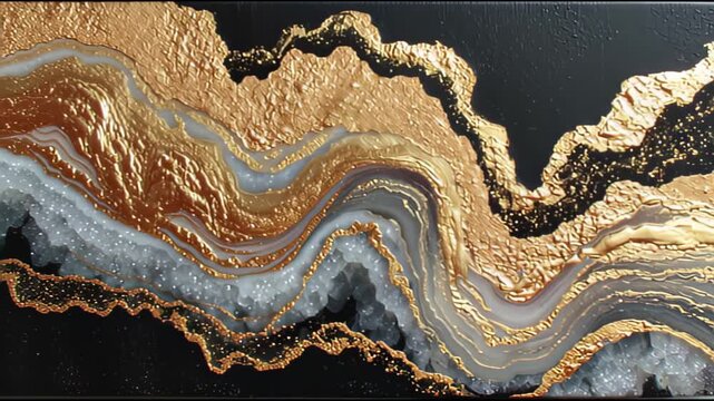 Abstract art featuring flowing gold, silver, and copper-colored swirls on a black background