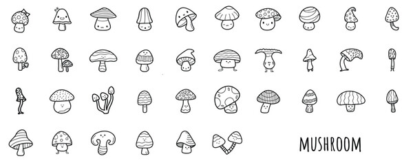 Fototapeta na wymiar Hand drawn cute mushroom and fungi doodle vector set. Black and white line art illustration of forest mushrooms, toadstools, and botanical elements for nature design.