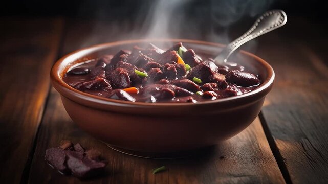 Traditional Brazilian Feijoada Stew in a Rustic Bowl with Steam