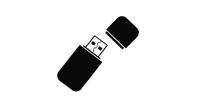Black and white illustration of an open usb flash drive on white