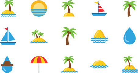 Obraz premium Summer vacation vector flat icons set with tropical beach island palm trees sunset ocean waves sailing boats sea travel umbrella water drops design elements.