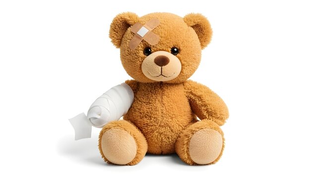 Cute brown teddy bear with band aid on forehead and arm on transparent background