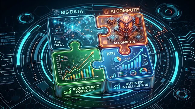 Digital data analysis and artificial intelligence concepts represented with interconnected puzzle pieces and graphs for business intelligence and forecasting