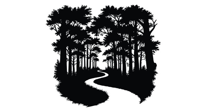 A winding path leads through a dark forest depicted as a silhouette