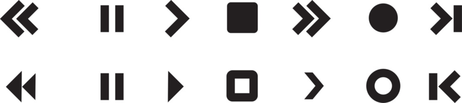 A collection of various black media player control icons for rewind pause ,play ,stop and fast forward buttons