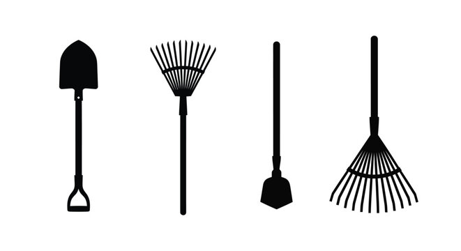 Four garden tools displayed in a striking black silhouette