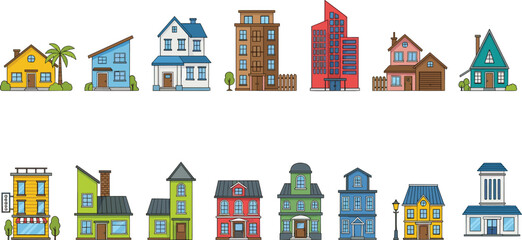 Vector collection of various house styles including modern city buildings suburban residential homes apartments and colorful cottages for real estate property and neighborhood architecture design. © Arman