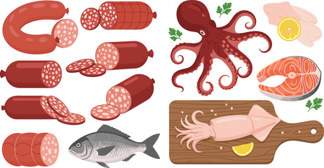 Comprehensive collection of meat and seafood illustrations featuring sliced salami sausages, fresh whole fish, octopus, salmon steak, and squid on a wooden board for menus. © Arman