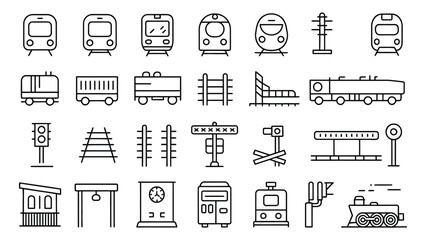 Railroad Line Icon Set, vector illustration featuring commuter train, metro, tram, monorail, rail cars, railway, station clock, waiting room, and railway crossing, editable stroke, transportation and  © ayat 02