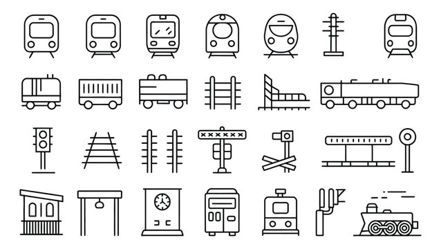 Railroad Line Icon Set, vector illustration featuring commuter train, metro, tram, monorail, rail cars, railway, station clock, waiting room, and railway crossing, editable stroke, transportation and 