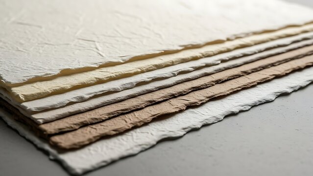 Stack of Textured Handmade Paper with Artisanal Deckled Edges in Neutral Beige and Brown Tones