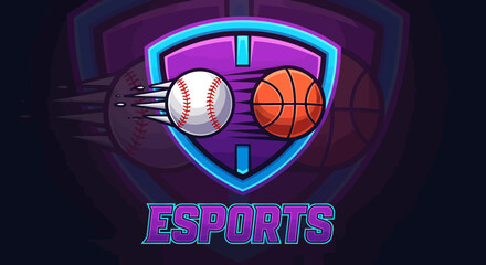Fototapeta premium Esports logo with baseball and basketball on a shield emblem.