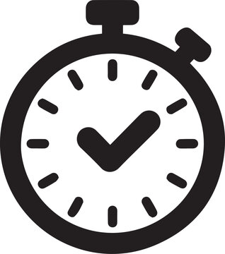 A black and white minimalist graphic icon of a stopwatch featuring a checkmark in the center