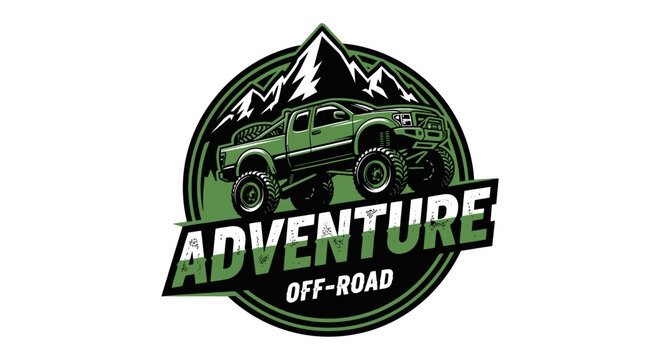 Green Off-Road Adventure Truck with Mountains Logo.