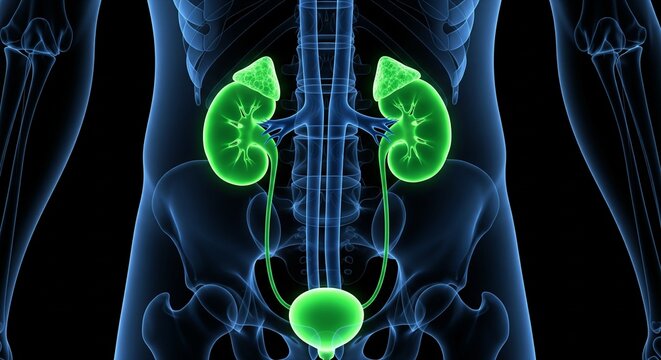 3D anatomical illustration of the human urinary system kidneys ureters and bladder glowing green against blue skeleton