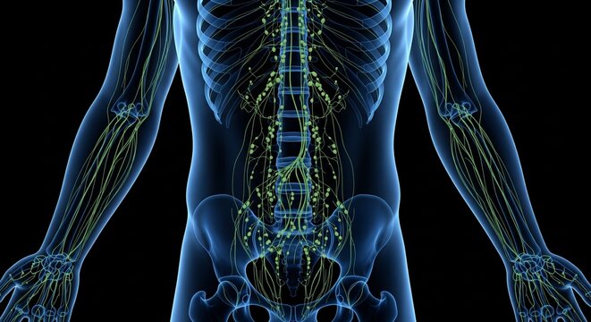 3D anatomical illustration of the human lymphatic system and nervous system with lymph nodes