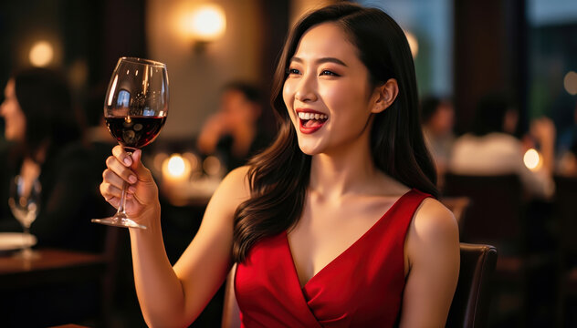 Elegant Toast with Wine: A stunning lady in a red dress raises a glass of red wine in a sophisticated ambiance, celebrating a moment of joy and elegance.