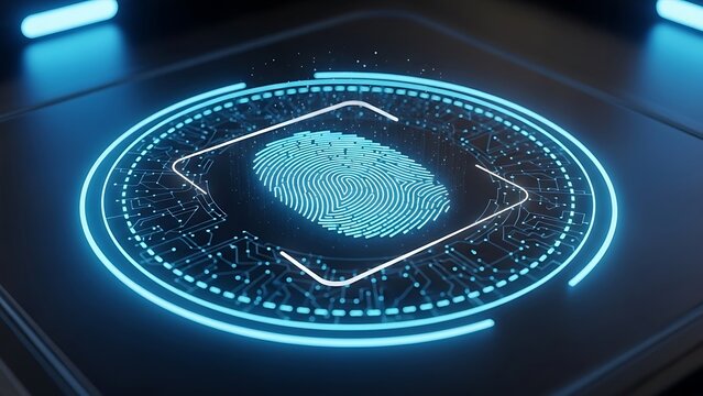 Digital biometric security system featuring a glowing blue fingerprint scanner on a dark interface representing advanced identity verification and access control technology for modern platforms
