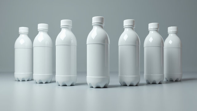 White bottles aligned in straight row on neutral background emphasizing packaging design product display and minimal composition with clean aesthetic