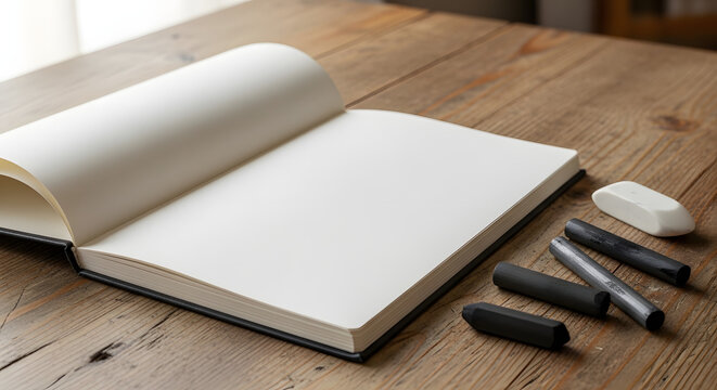 Artist s sketchbook mockup with blank pages charcoal sticks and an eraser on a wooden desk for creative concepts