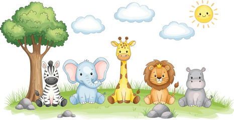 Fototapeta premium Cute Jungle Animal Friends Illustration with Zebra, Elephant, Giraffe, Lion, and Hippo, Perfect for Kids' Designs, Nursery Decor, and Educational Materials
