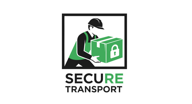 Secure Transport Logo Featuring Delivery Worker with Locked Package.
