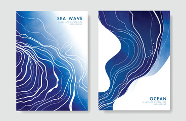 Fototapeta premium Japanese sea wave Card set vector. Poster design with watercolor blue ocean wave pattern backdrop. Modern illustration for cover, banner, website, decor, interior.