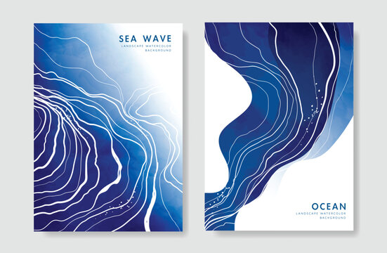 Japanese sea wave Card set vector. Poster design with watercolor blue ocean wave pattern backdrop. Modern illustration for cover, banner, website, decor, interior.