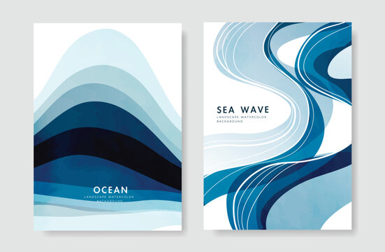 Japanese sea wave Card set vector. Poster design with watercolor blue ocean wave pattern backdrop. Modern illustration for cover, banner, website, decor, interior.