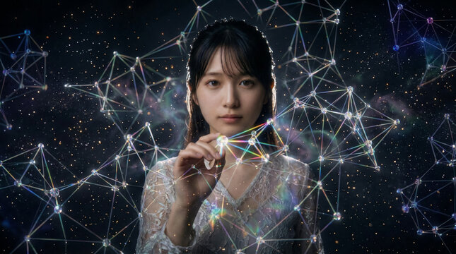 Elegant woman activates digital network in a cosmos for a cinematic effect