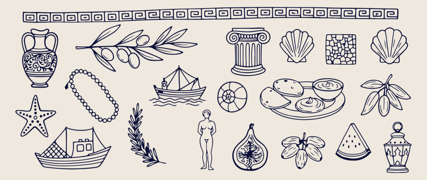 Ancient Greece history, greek column icons, olympic history doodles, mediterranean culture illustration, archaeology travel icons, greek mythology symbols, historic monument sketches.
