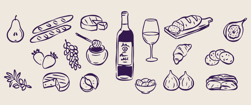 Wine cheese collection, mediterranean snack doodles, restaurant menu illustration, delicious food sketches, culinary dining icons, wine tasting celebration, appetizers and drinks.
