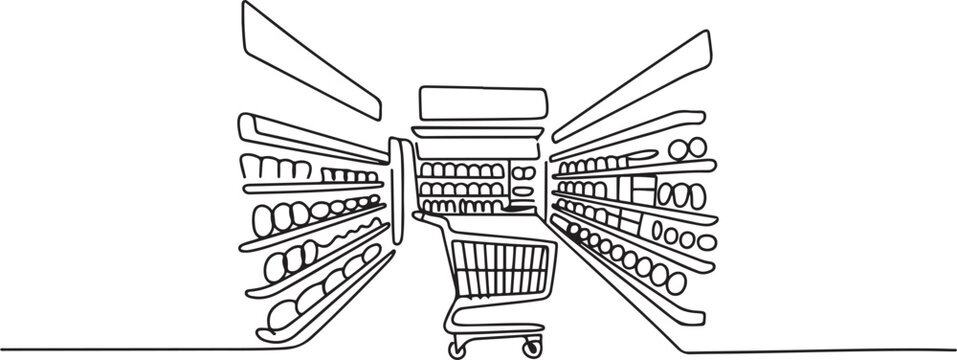 Grocery store shop interior. one line art icon drawing vector