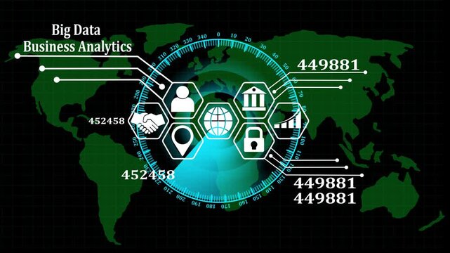 Global big data business analytics dashboard featuring digital map interface with scanning radar h u d overlay and