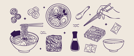 Japanese food illustrations, ramen bowl sketch, sushi and maki drawings, noodle soup art, oriental cuisine elements, traditional Japanese dishes, food icons.  © Geetaroy