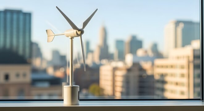 Miniature wind turbine model on an indoor ledge, symbolizing sustainable power generation within a modern city environment. Green energy concept
