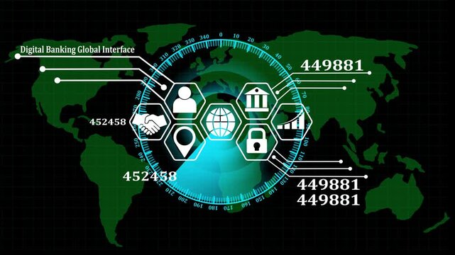 Digital banking global interface with radar scanning map featuring financial and data analytics h u d for fintech