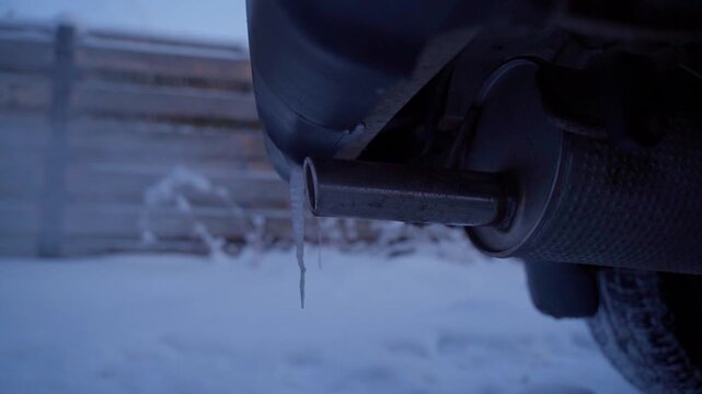 Car muffler warming up in winter with snow and icicles background close-up