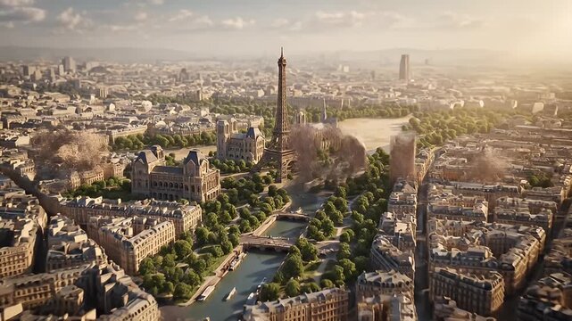 Animated 3D Map Progression: Tiny Red Pin Grows to Reveal Iconic Cityscape with Eiffel Tower
