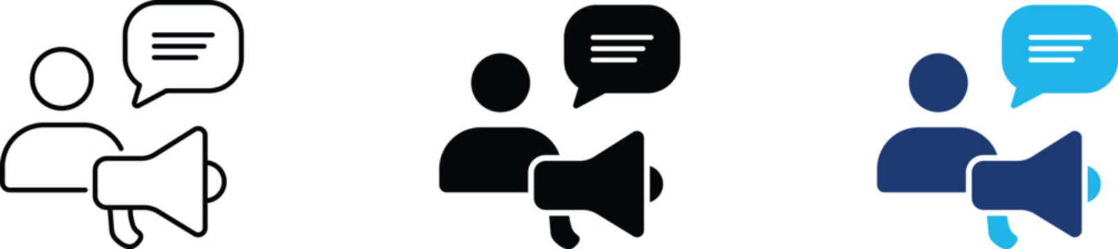 Public announcement icon showing user feedback megaphone and marketing speech bubble. Professional illustration for customer support communication, and digital marketing broadcasting.