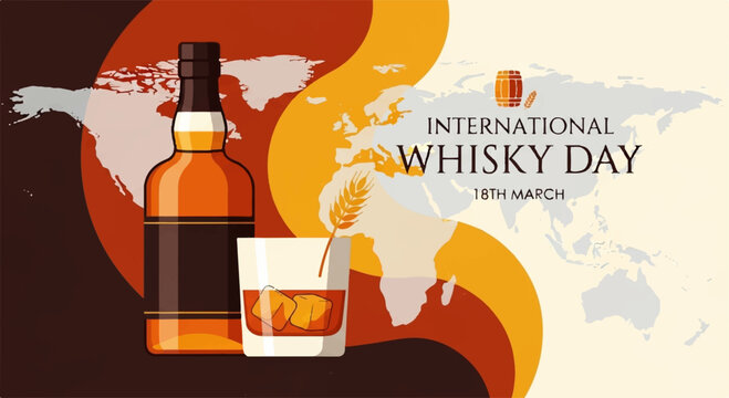 Whisky bottle and glass on a world map background celebrating international whisky day with warm lighting
