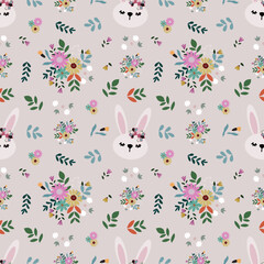 Obraz premium Cute pink bunny and daisy flowers vector illustrations for Easter day. Cute Easter bunnies, chickens, egg basket, Easter eggs, flowers and butterflies. Happy Easter inscription . Vector illustration