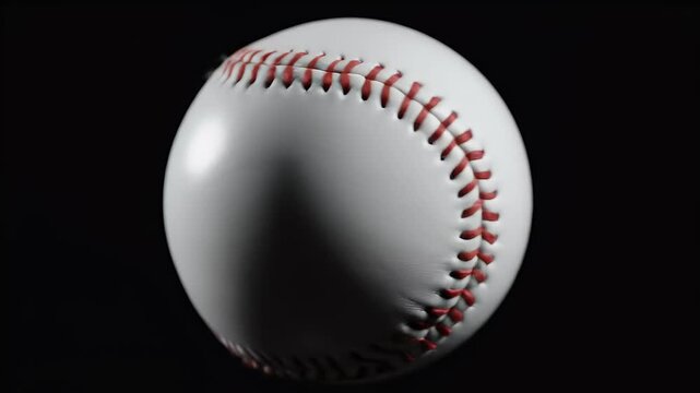 A close-up, low-key studio shot of a white baseball with red stitching